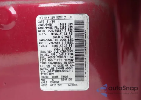 2017 Nissan Rogue Sv from USA, damaged, VIN JN8AT2MT8HW384019